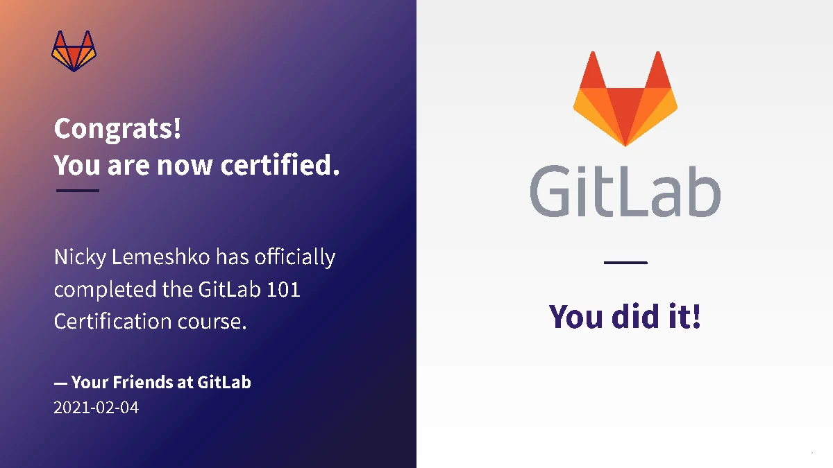GitLab 101 Certification — certificate